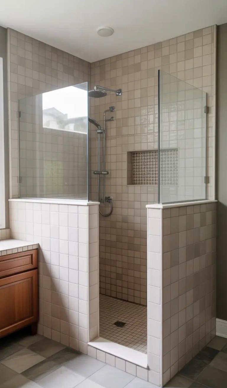 Modern bathroom with frameless glass shower enclosure, beige subway tile walls, and white tile surround on beige floor
