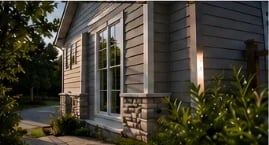 Modern small house exterior with gray siding, stone foundation, large windows, and landscaped greenery