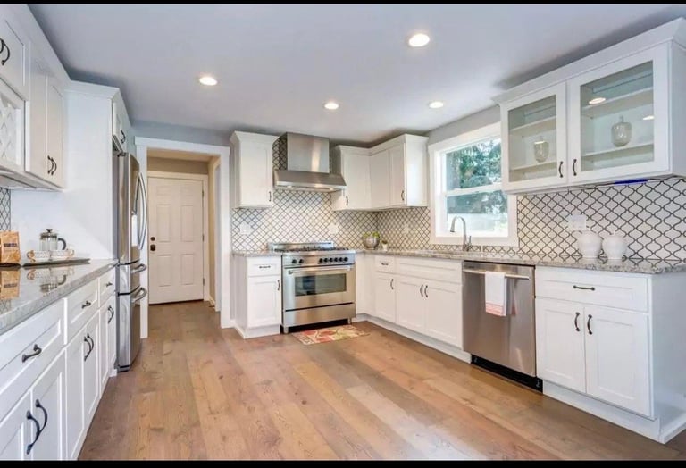 Modern kitchen with white cabinetry, stainless steel appliances, geometric tile backsplash, and hardwood flooring