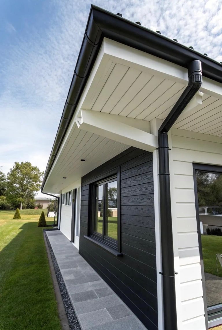 Modern white and black house exterior with covered patio, black doors and windows, manicured lawn and green landscape