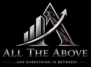 Logo for All The Above business showing bar chart and upward arrow with tagline and everything in between on black background
