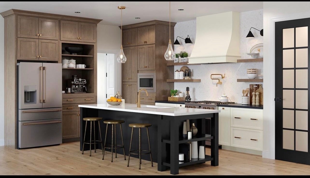 Modern kitchen with mixed wood and white cabinetry, black island with seating, stainless steel appliances, and pendant lighting.