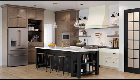 Modern kitchen with mixed wood and white cabinetry, black island with seating, stainless steel appliances, and pendant lighting