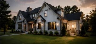 Modern farmhouse with stone and white exterior, lit windows, and manicured lawn at dusk surrounded by trees
