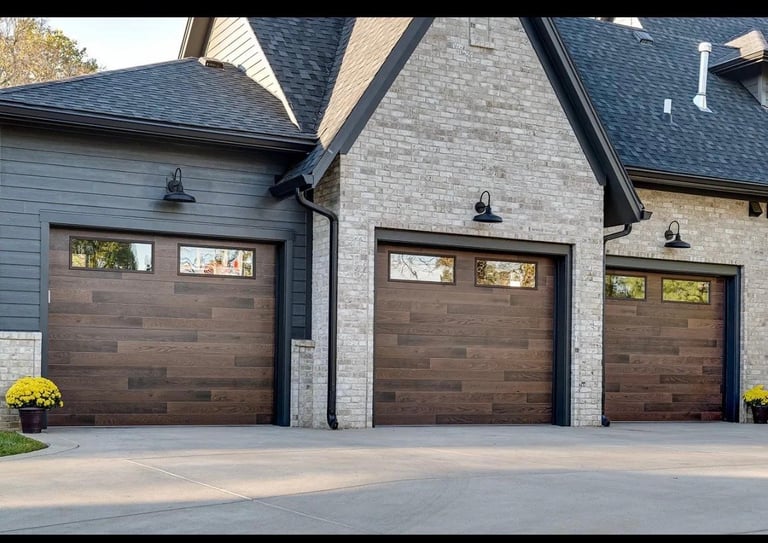 Three brown wooden garage doors with windows on a modern two-tone house with stone and siding exterior.